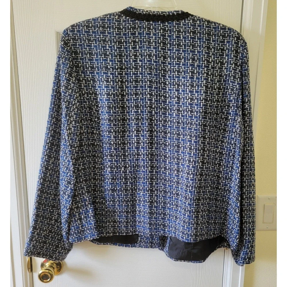Dressbarn Tweed‎ Blazer Size 18 Blue Black Gray Open Front Pockets Lined